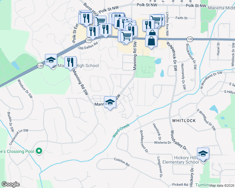 map of restaurants, bars, coffee shops, grocery stores, and more near 260 Manning Road Southwest in Marietta