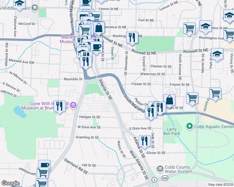 map of restaurants, bars, coffee shops, grocery stores, and more near 427 West Atlanta Street Southeast in Marietta
