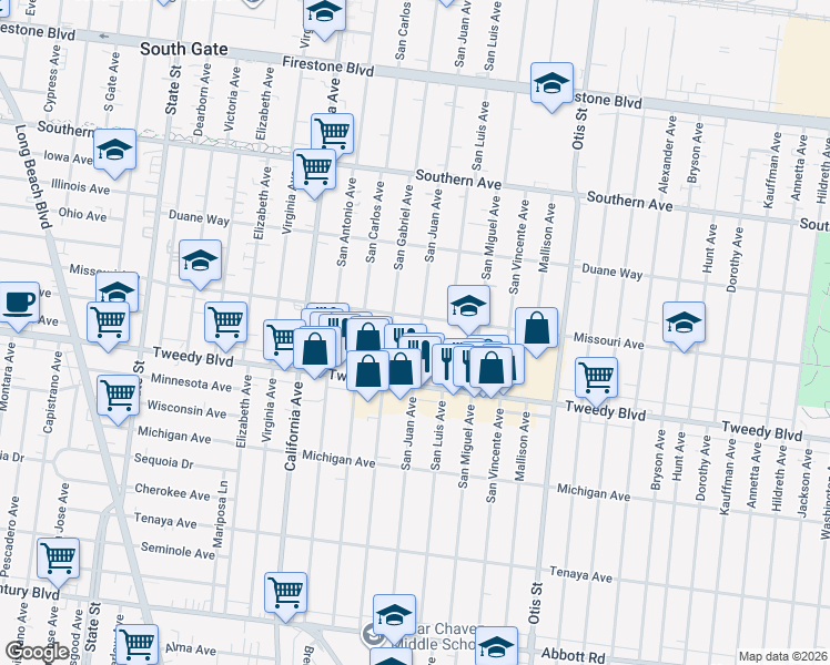 map of restaurants, bars, coffee shops, grocery stores, and more near 9723 San Juan Avenue in South Gate