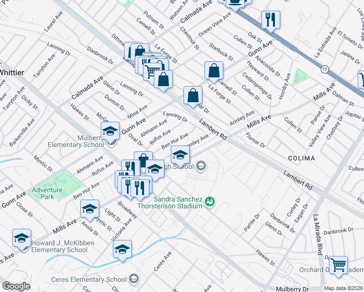 map of restaurants, bars, coffee shops, grocery stores, and more near 9734 Armley Avenue in Whittier