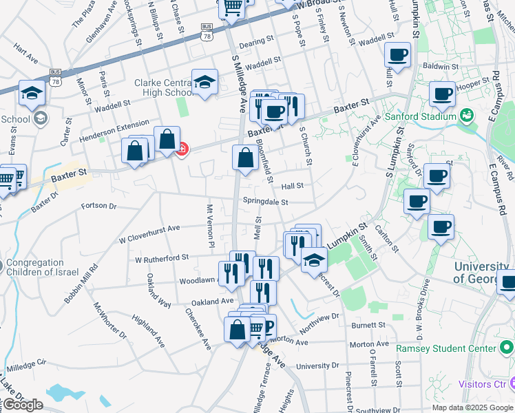 map of restaurants, bars, coffee shops, grocery stores, and more near 137 Springdale Street in Athens