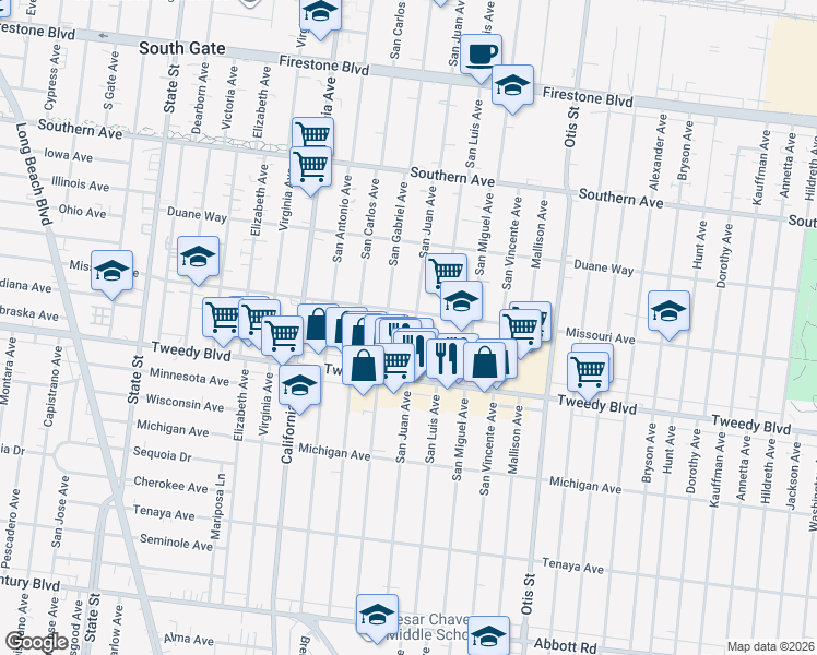 map of restaurants, bars, coffee shops, grocery stores, and more near 9723 San Juan Avenue in South Gate