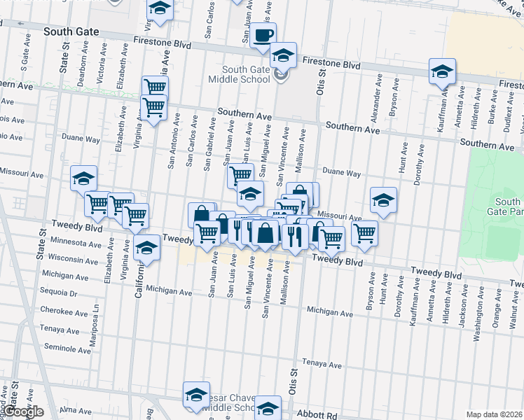 map of restaurants, bars, coffee shops, grocery stores, and more near 9710 San Miguel Avenue in South Gate