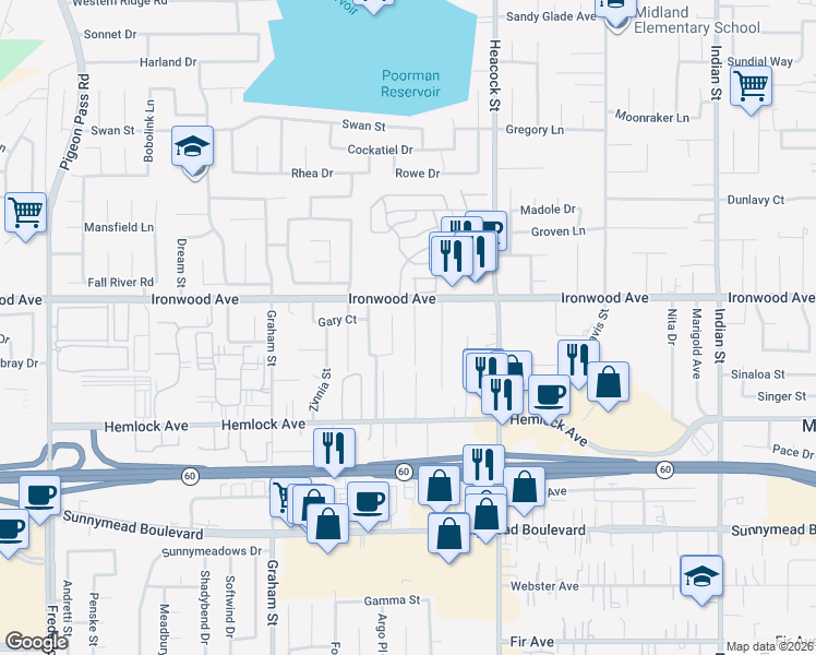 map of restaurants, bars, coffee shops, grocery stores, and more near 12043 Webb Street in Moreno Valley