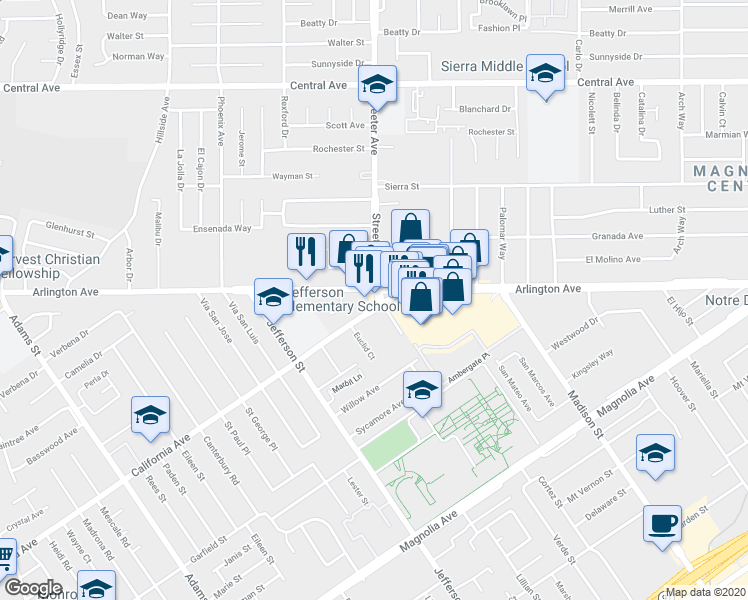 map of restaurants, bars, coffee shops, grocery stores, and more near 7726 California Avenue in Riverside