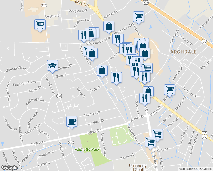 map of restaurants, bars, coffee shops, grocery stores, and more near 45 Althea Circle in Sumter