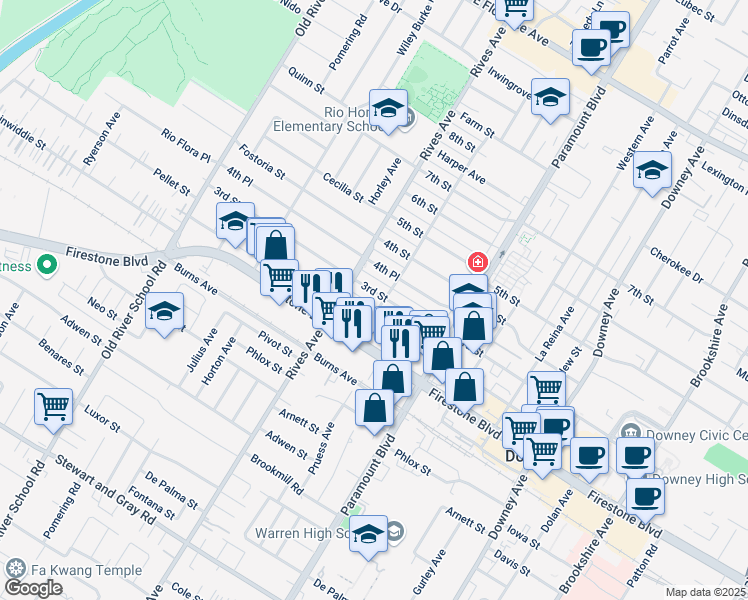 map of restaurants, bars, coffee shops, grocery stores, and more near 7832 3rd Street in Downey