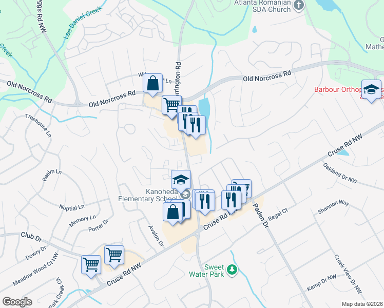 map of restaurants, bars, coffee shops, grocery stores, and more near 2489 Emma Way Northwest in Lawrenceville