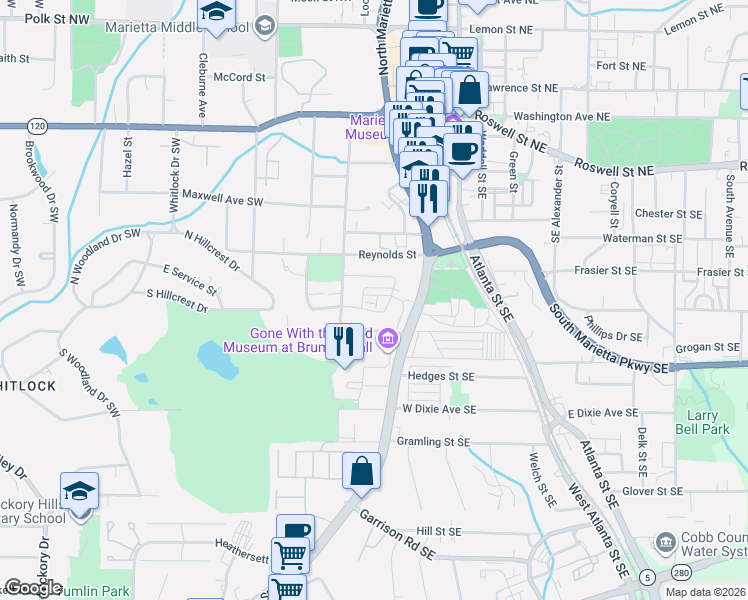 map of restaurants, bars, coffee shops, grocery stores, and more near 620 Henry Drive Southwest in Marietta