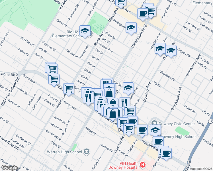 map of restaurants, bars, coffee shops, grocery stores, and more near 10841 Paramount Boulevard in Downey