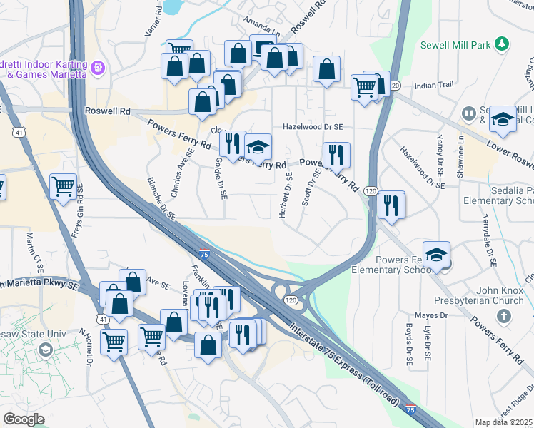 map of restaurants, bars, coffee shops, grocery stores, and more near 280 Pauladean Circle Southeast in Marietta