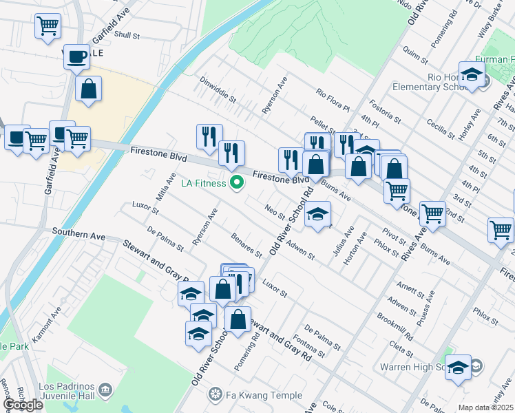 map of restaurants, bars, coffee shops, grocery stores, and more near 7322 Neo Street in Downey