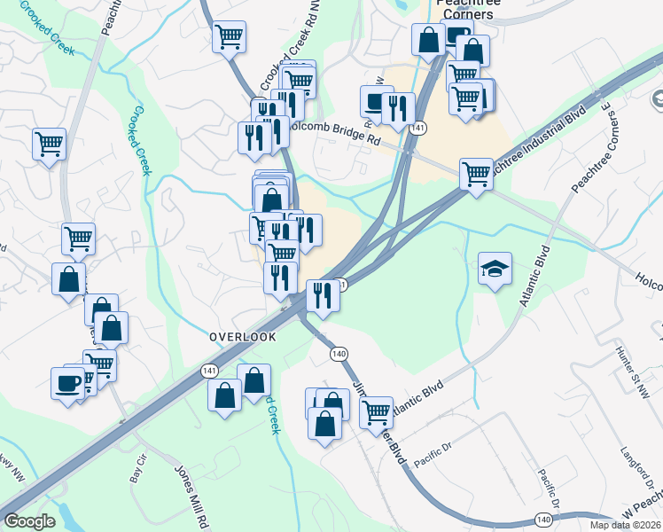map of restaurants, bars, coffee shops, grocery stores, and more near 6330 Peachtree Industrial Boulevard in Norcross