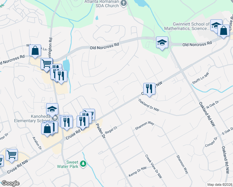 map of restaurants, bars, coffee shops, grocery stores, and more near 1058 Regency Drive Northwest in Lawrenceville