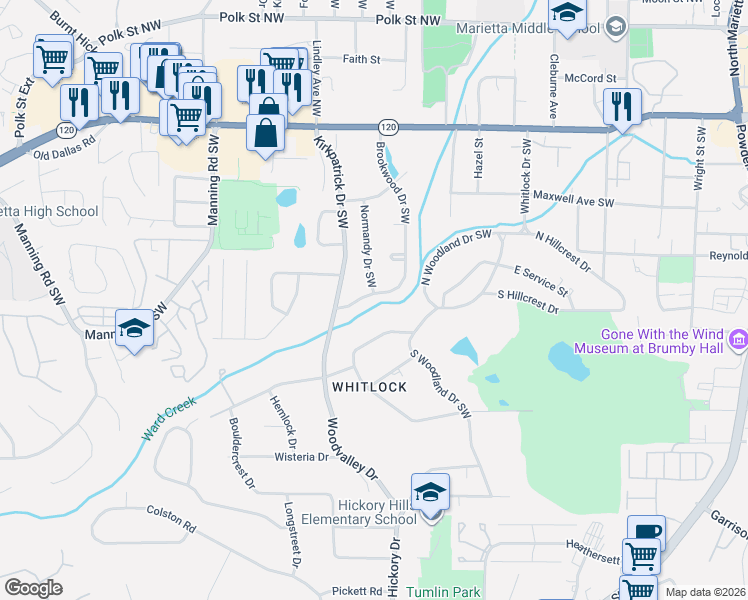 map of restaurants, bars, coffee shops, grocery stores, and more near 303 Brookwood Drive Southwest in Marietta