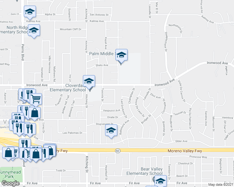 map of restaurants, bars, coffee shops, grocery stores, and more near 12048 Palm Vista Street in Moreno Valley