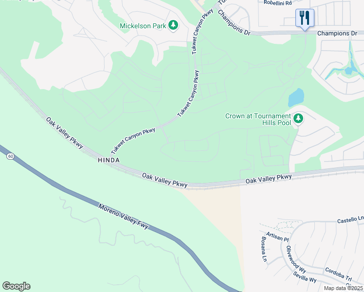 map of restaurants, bars, coffee shops, grocery stores, and more near Oak Valley Parkway in Beaumont