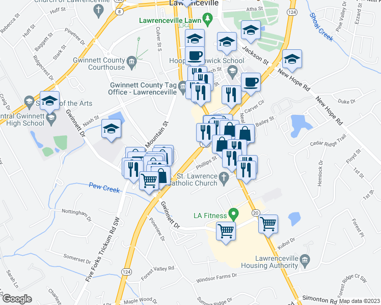 map of restaurants, bars, coffee shops, grocery stores, and more near 211 Scenic Highway South in Lawrenceville