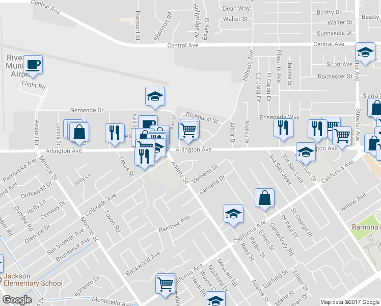 map of restaurants, bars, coffee shops, grocery stores, and more near 8224 Brunswick Avenue in Riverside