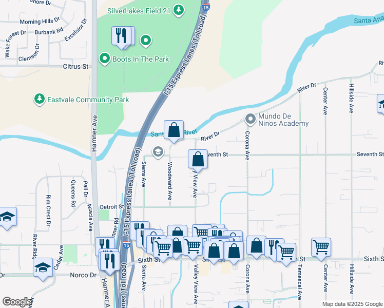 map of restaurants, bars, coffee shops, grocery stores, and more near 4372 Valley View Avenue in Norco