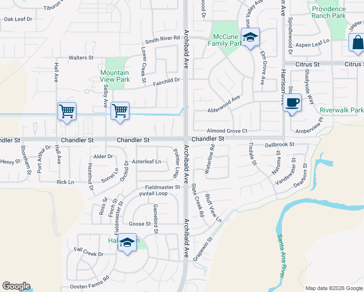 map of restaurants, bars, coffee shops, grocery stores, and more near 14292 Pointer Loop in Corona
