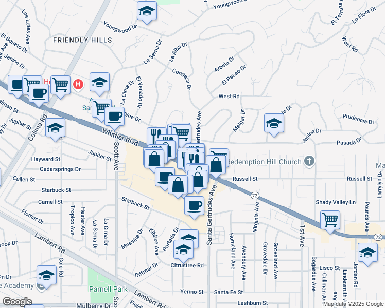map of restaurants, bars, coffee shops, grocery stores, and more near 15625 Whittier Boulevard in Whittier