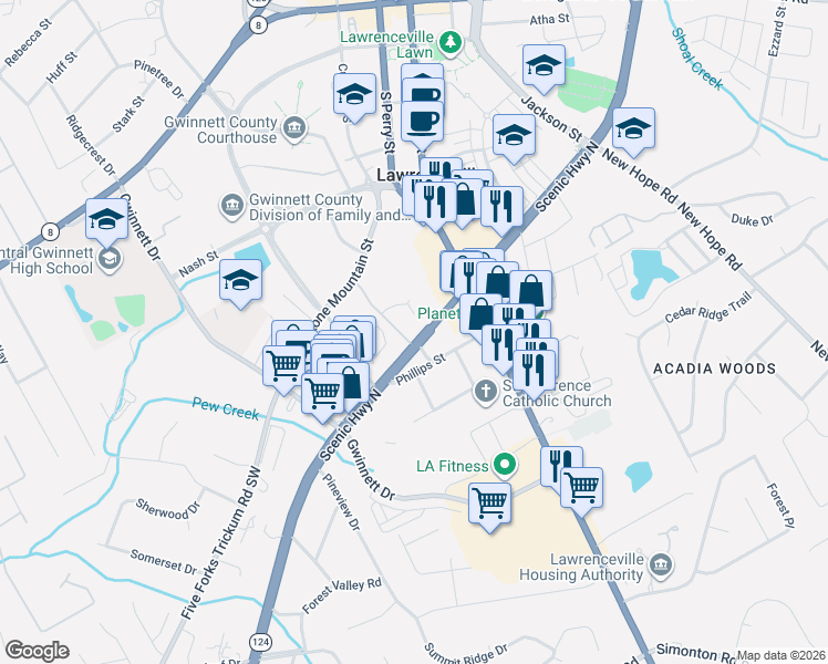 map of restaurants, bars, coffee shops, grocery stores, and more near 214 Scenic Highway South in Lawrenceville