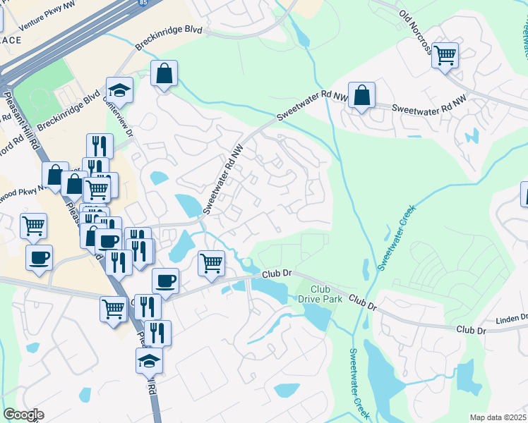 map of restaurants, bars, coffee shops, grocery stores, and more near 3420 Fairway Oaks Drive in Lawrenceville