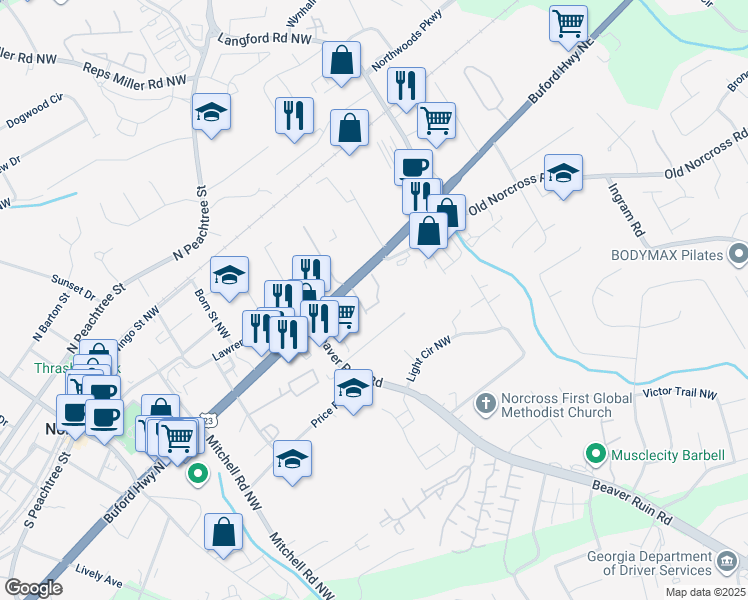 map of restaurants, bars, coffee shops, grocery stores, and more near 563 Davidson Drive Northwest in Norcross