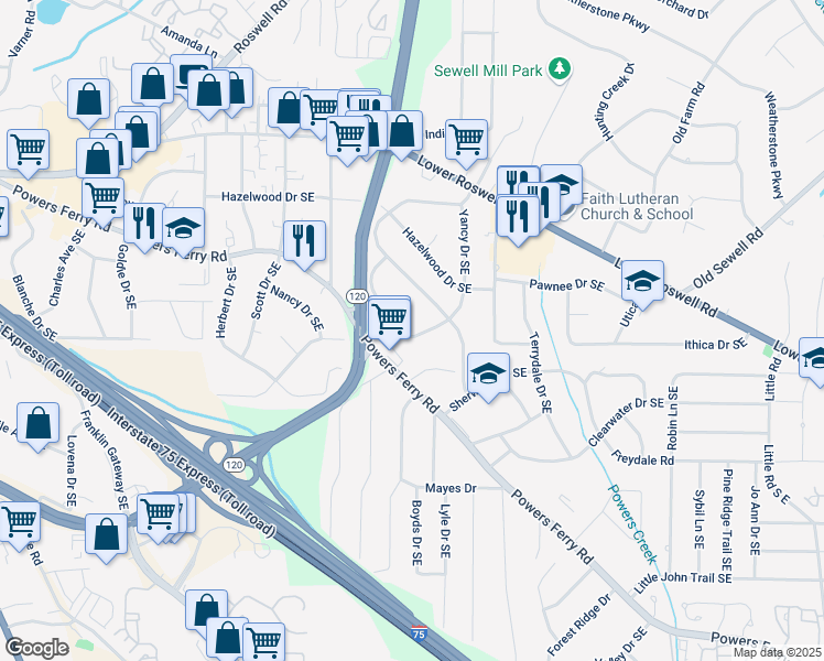 map of restaurants, bars, coffee shops, grocery stores, and more near 313 Yancy Drive Southeast in Marietta