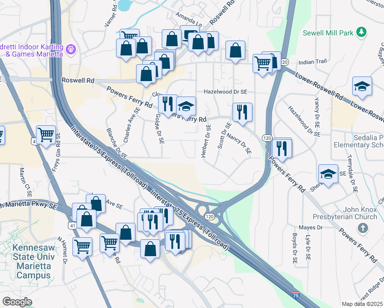 map of restaurants, bars, coffee shops, grocery stores, and more near 280 Pauladean Circle Southeast in Marietta