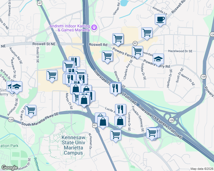 map of restaurants, bars, coffee shops, grocery stores, and more near 1340 Banberry Road Southeast in Marietta