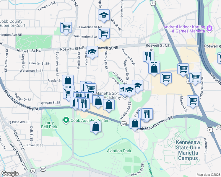 map of restaurants, bars, coffee shops, grocery stores, and more near 290 Bellvue Drive Southeast in Marietta