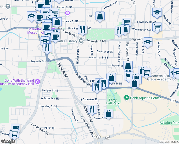 map of restaurants, bars, coffee shops, grocery stores, and more near 400 Southeast Alexander Circle in Marietta