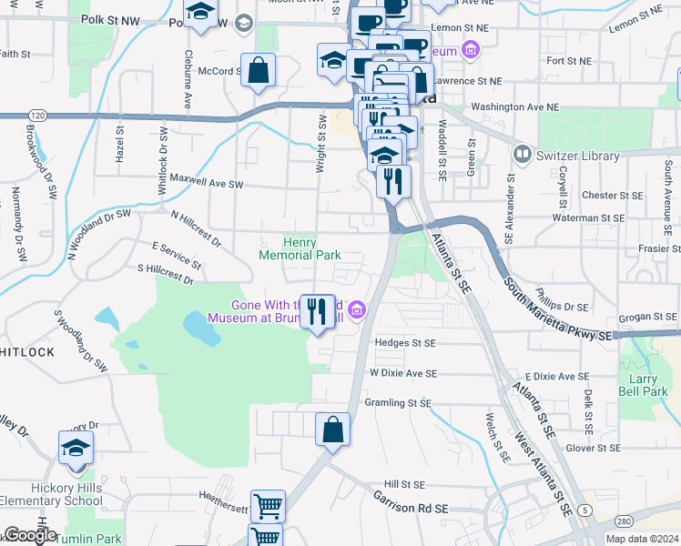 map of restaurants, bars, coffee shops, grocery stores, and more near 524 Henry Drive Southwest in Marietta