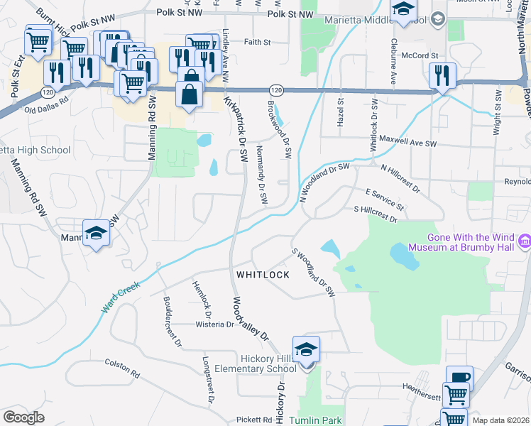 map of restaurants, bars, coffee shops, grocery stores, and more near 303 Brookwood Drive Southwest in Marietta