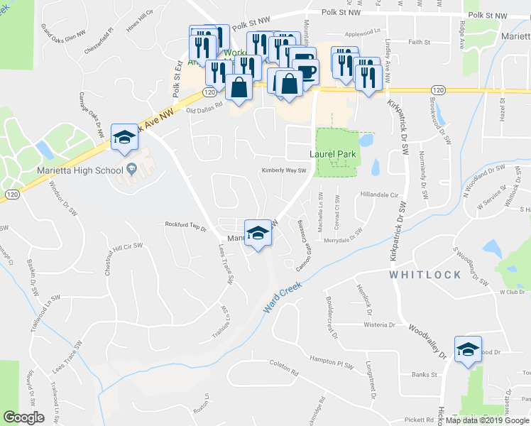 map of restaurants, bars, coffee shops, grocery stores, and more near 260 Manning Road Southwest in Marietta