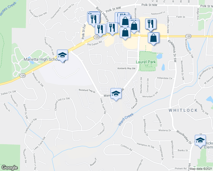 map of restaurants, bars, coffee shops, grocery stores, and more near 823 Rockford Commons Drive in Marietta