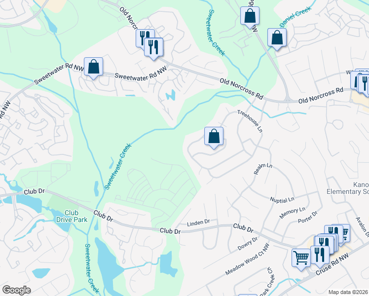 map of restaurants, bars, coffee shops, grocery stores, and more near 3124 Shady Woods Circle in Lawrenceville