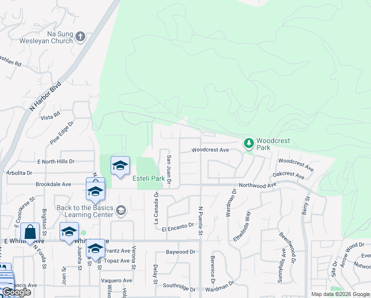 map of restaurants, bars, coffee shops, grocery stores, and more near 1308 Woodcrest Avenue in Brea