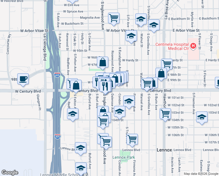 map of restaurants, bars, coffee shops, grocery stores, and more near 4736 West Century Boulevard in Inglewood
