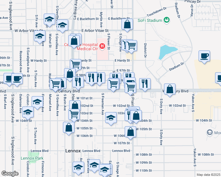 map of restaurants, bars, coffee shops, grocery stores, and more near 4115 West Century Boulevard in Inglewood