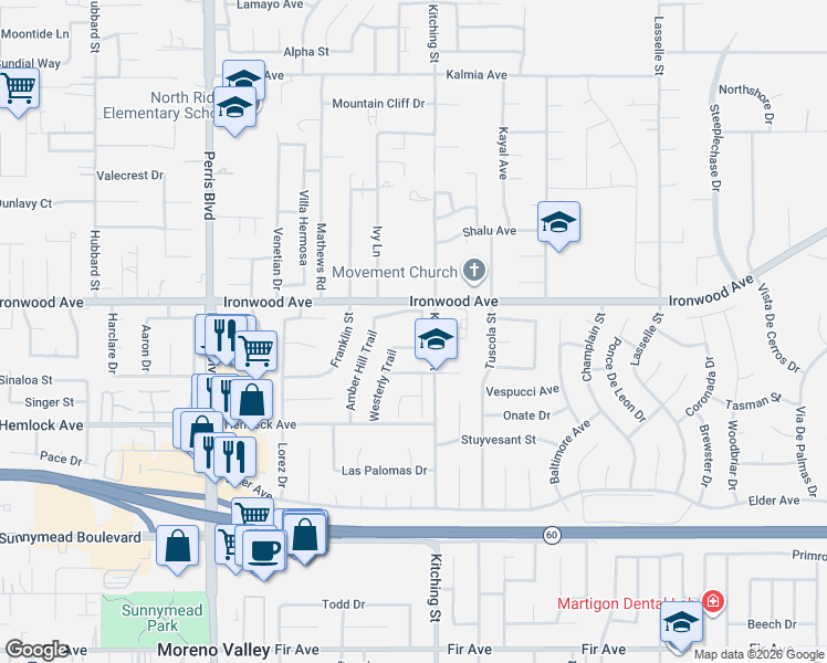 map of restaurants, bars, coffee shops, grocery stores, and more near 12063 Flintlock Trail in Moreno Valley