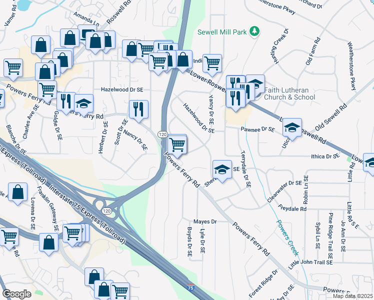 map of restaurants, bars, coffee shops, grocery stores, and more near 313 Yancy Drive Southeast in Marietta