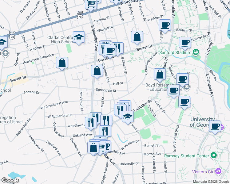 map of restaurants, bars, coffee shops, grocery stores, and more near 124 West Cloverhurst Avenue in Athens