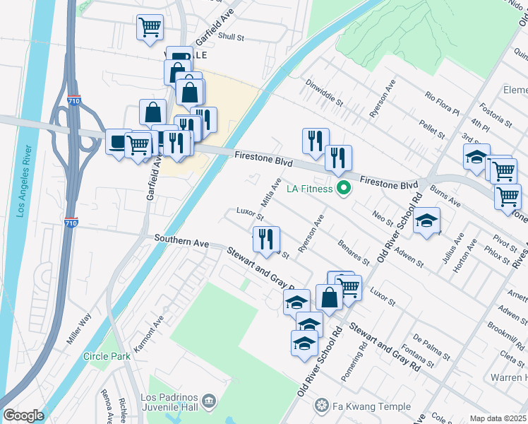 map of restaurants, bars, coffee shops, grocery stores, and more near 7103 Luxor Street in Downey