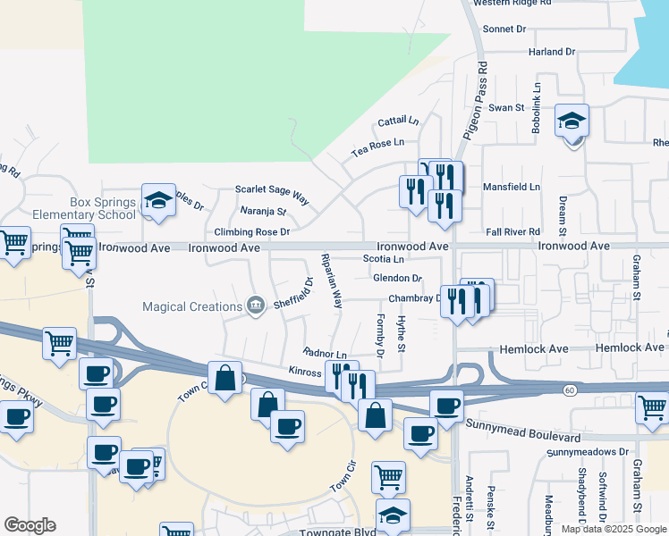 map of restaurants, bars, coffee shops, grocery stores, and more near 12062 Riparian Way in Moreno Valley