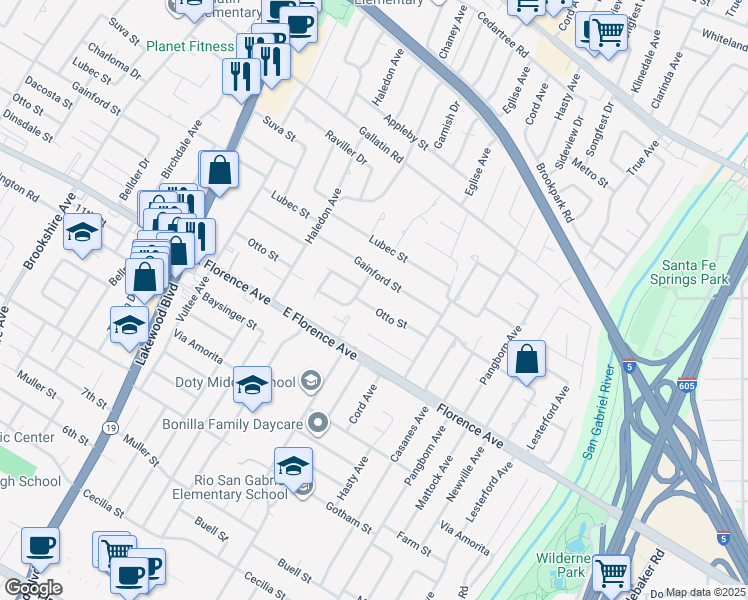 map of restaurants, bars, coffee shops, grocery stores, and more near 9263 Otto Street in Downey