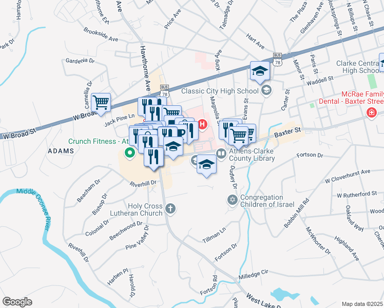 map of restaurants, bars, coffee shops, grocery stores, and more near 1235 Baxter Street in Athens
