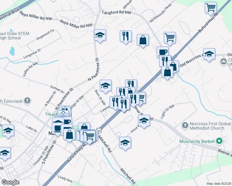 map of restaurants, bars, coffee shops, grocery stores, and more near 211 Hunt Street in Norcross